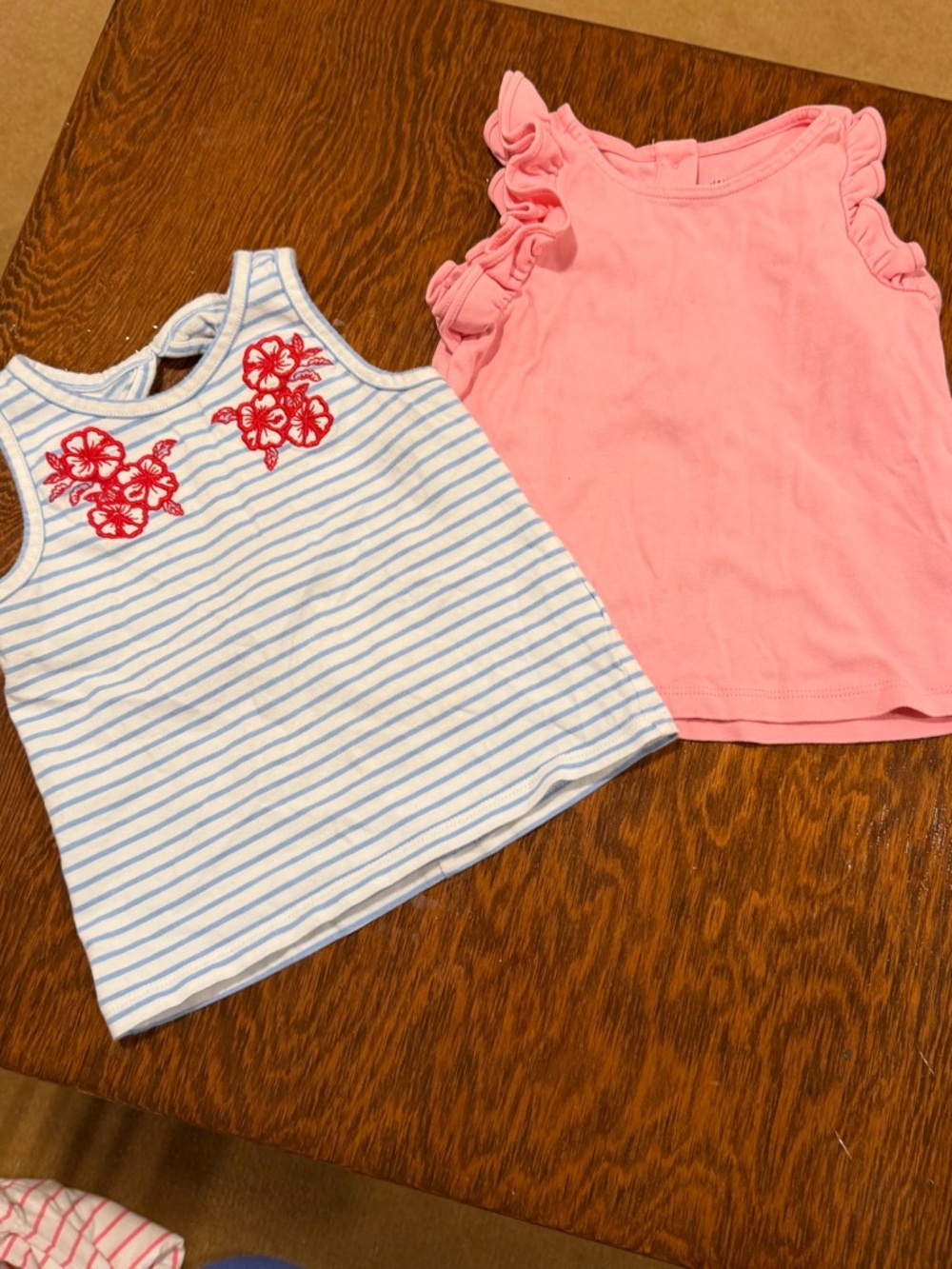 Janie and Jack Pink Ruffle Tank & Blue Stripe Tank with Red Floral Appliqués